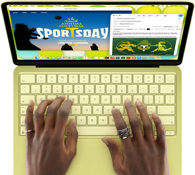 MacBook Neo, citrusově žlutý, ruka na klávesnici, uživatel píše e‑mailovou pozvánku na sportovní akci, vedle je otevřená webová stránka události